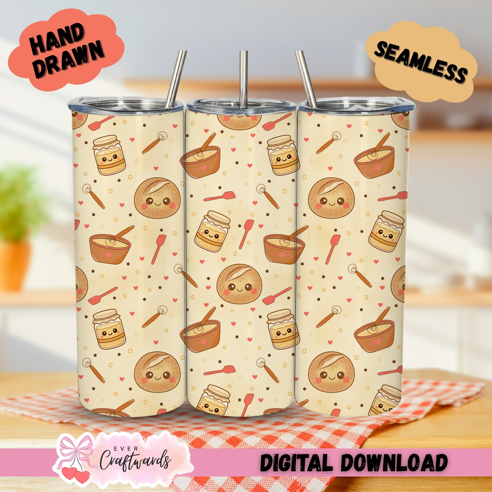 Kawaii Sourdough Digital Seamless Tumbler Wrap - 300 DPI