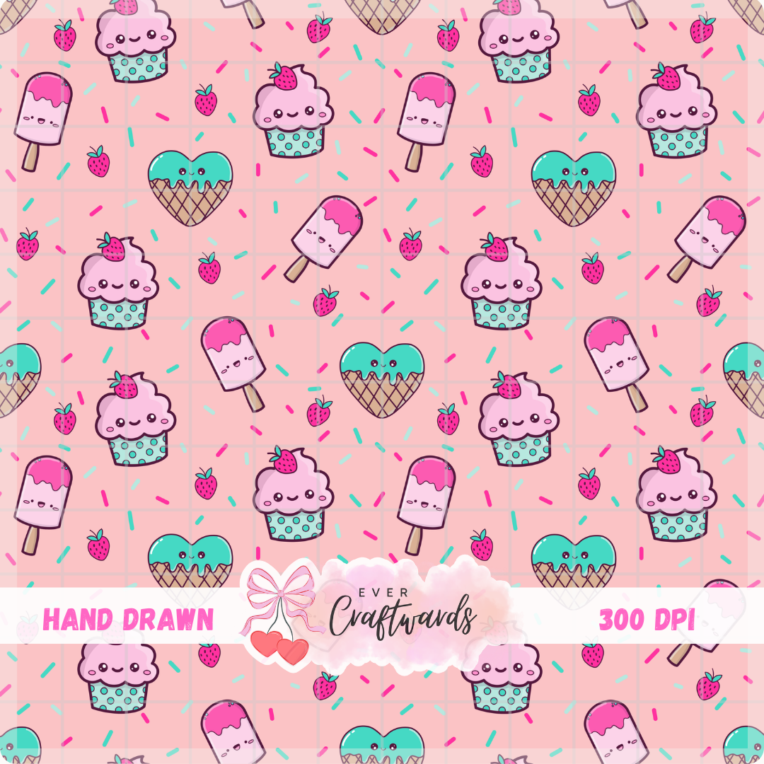 Kawaii Sweet Treats Seamless Pattern - 300 DPI Digital Download